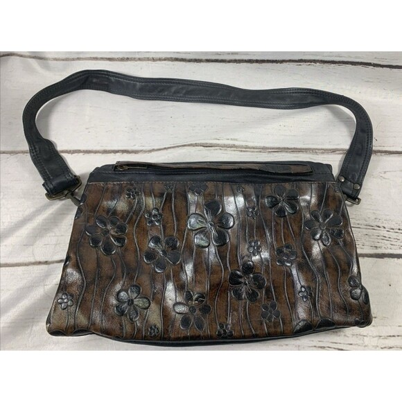 Atelier V Cuir Cross Body Purse Daisy Embossed Leather Burgundy Brown Western - Picture 7 of 15